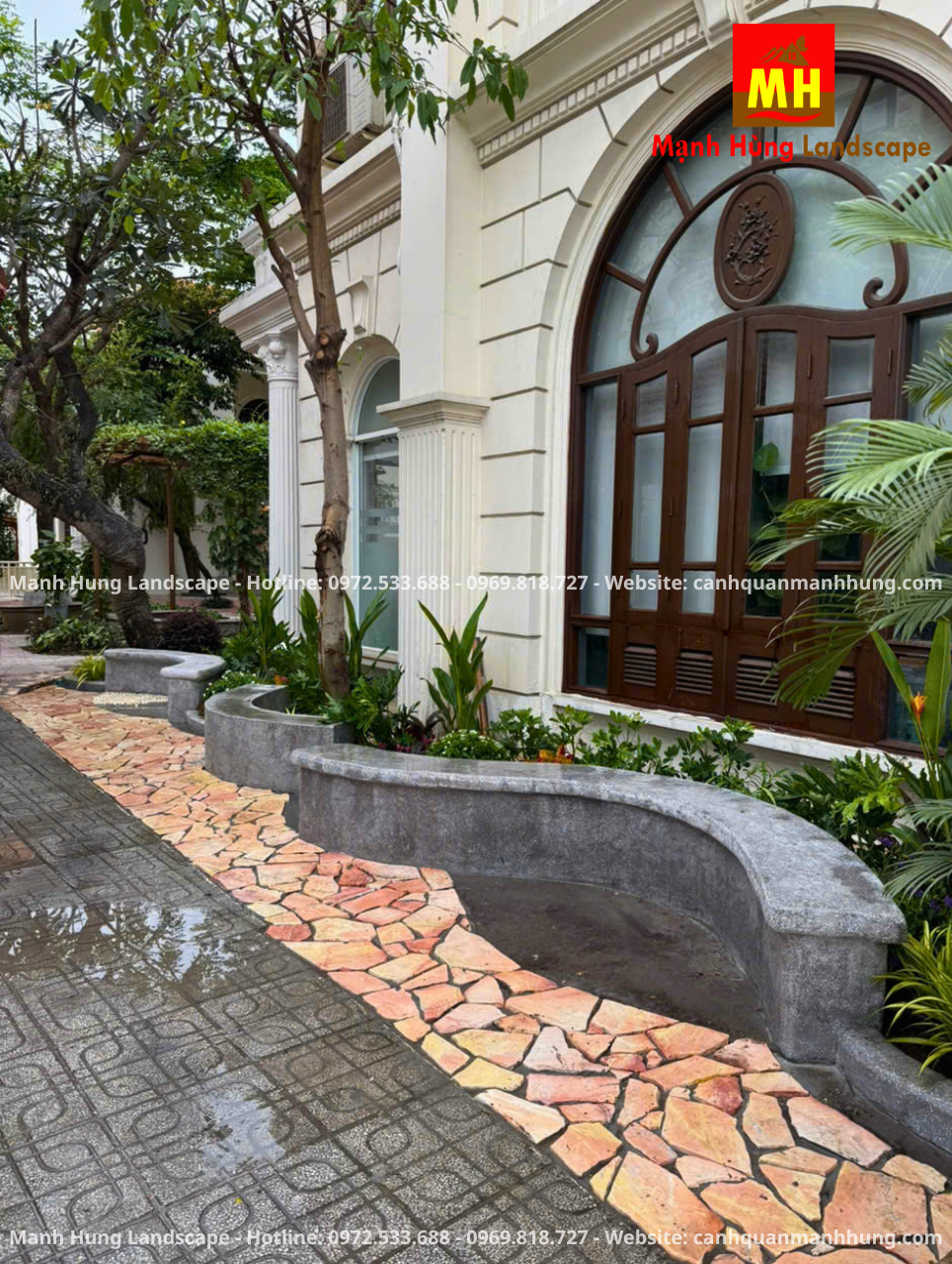 THI CÔNG CẢNH QUAN BỒN HOA KẾT HỢP GHẾ NGỒI